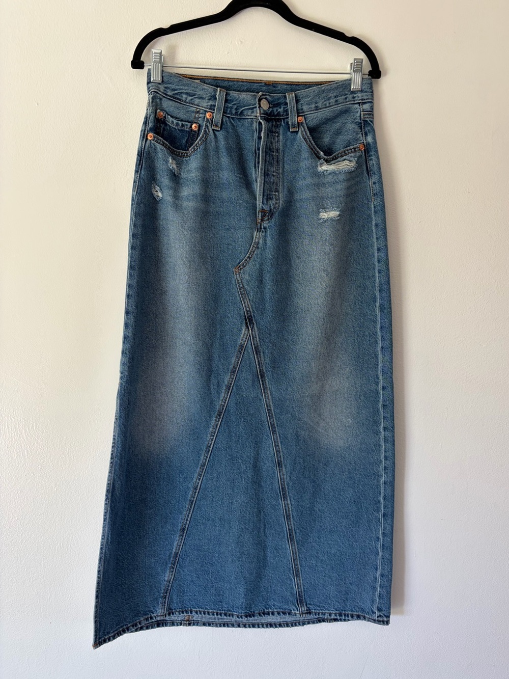 Levi’s Premium Deconstructed Distressed Denim Jean Maxi Skirt Size 27